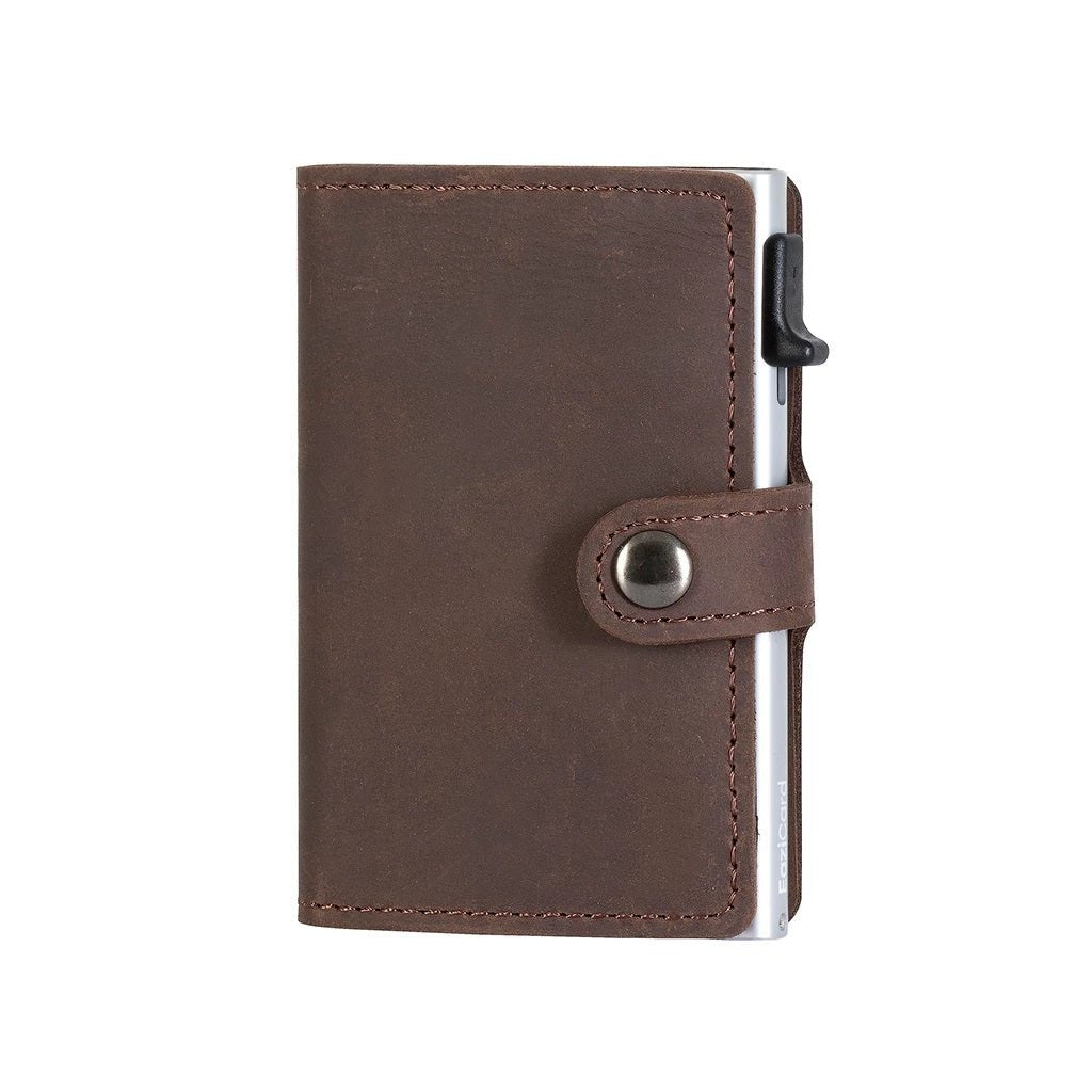 EaziCard Genuine Leather Saddle RFID Wallet | Dark Brown/Silver - KaryKase