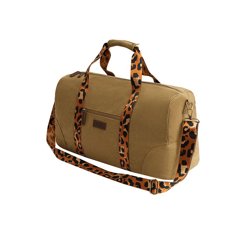 Escape Classic Canvas BAGE038BR Weekender Bag With Animal Print Straps – Light Brown - KaryKase