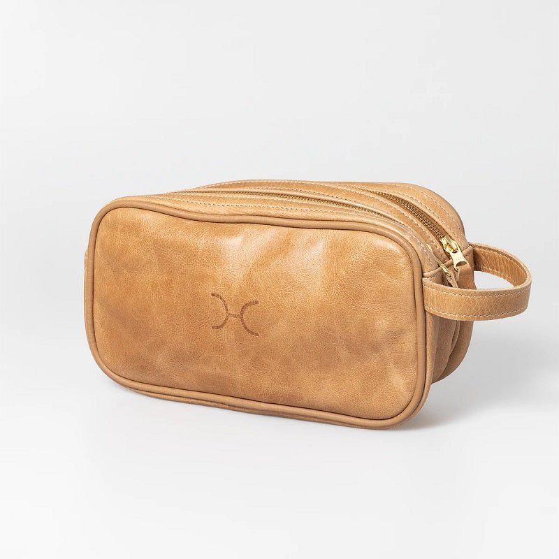 Thandana Mens Double Zip Vanity Leather Case | Hazelnut - KaryKase