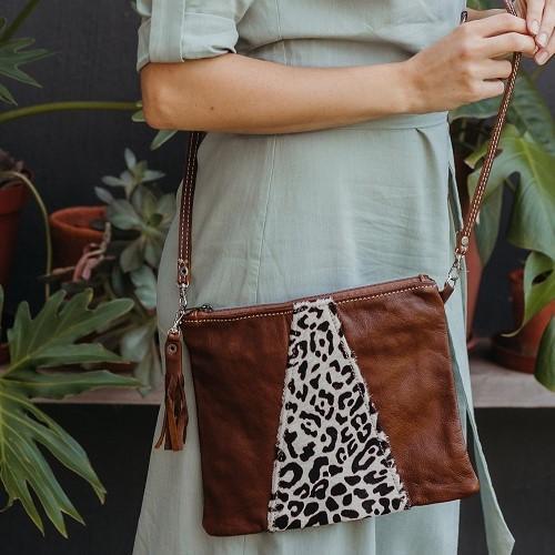 Thandana Crossover Animal Print Leather Handbag | Hazelnut Leopard Print - KaryKase